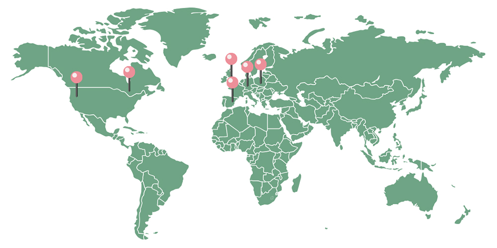 World map showing five pink pins marking locations in the United States, Canada, the United Kingdom, and Northern Europe.